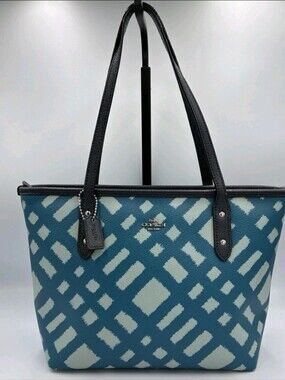 COACH F22246 Mini City Zip Tote Bag Purse Teal PVC Navy Blue Leather Trim *read*